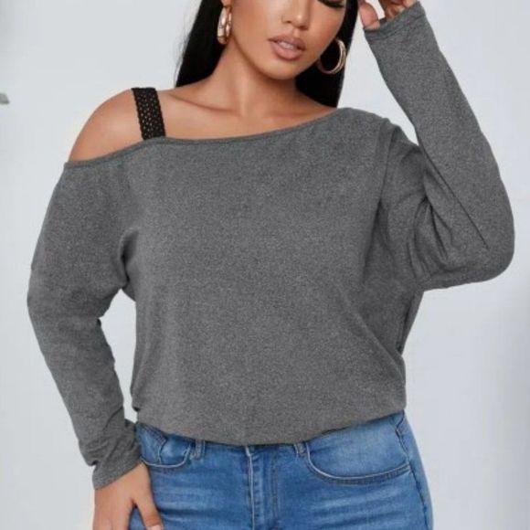 Gray Women's Plus Size Asymmetrical-Neck Cold Shoulder T-Shirt - Picture 1 of 11